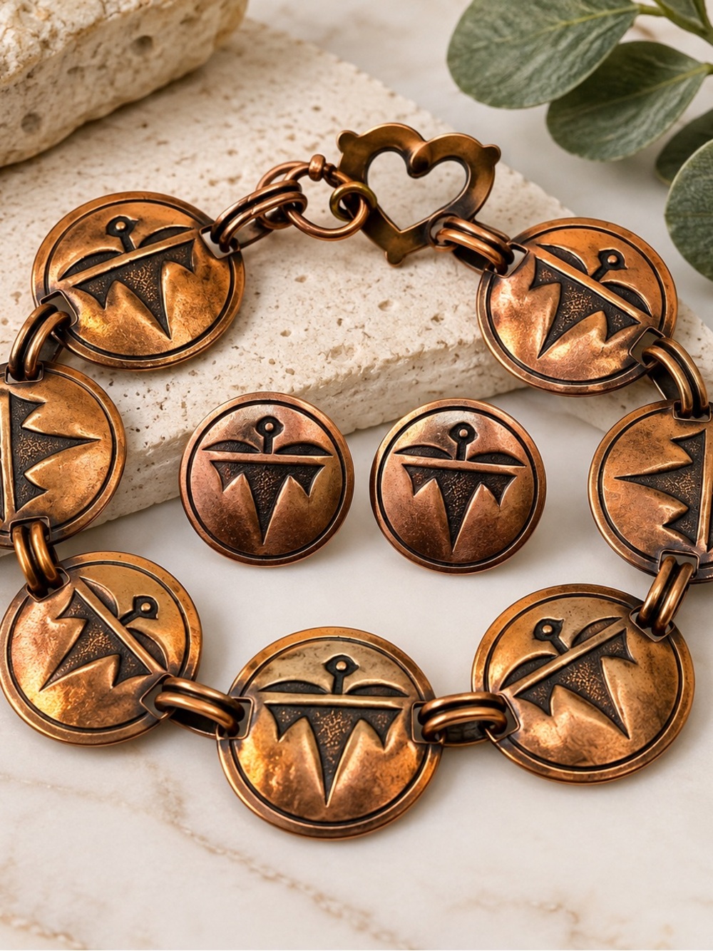Copper-Tone Medallion Bracelet and Earring Set - Vintage Inspired